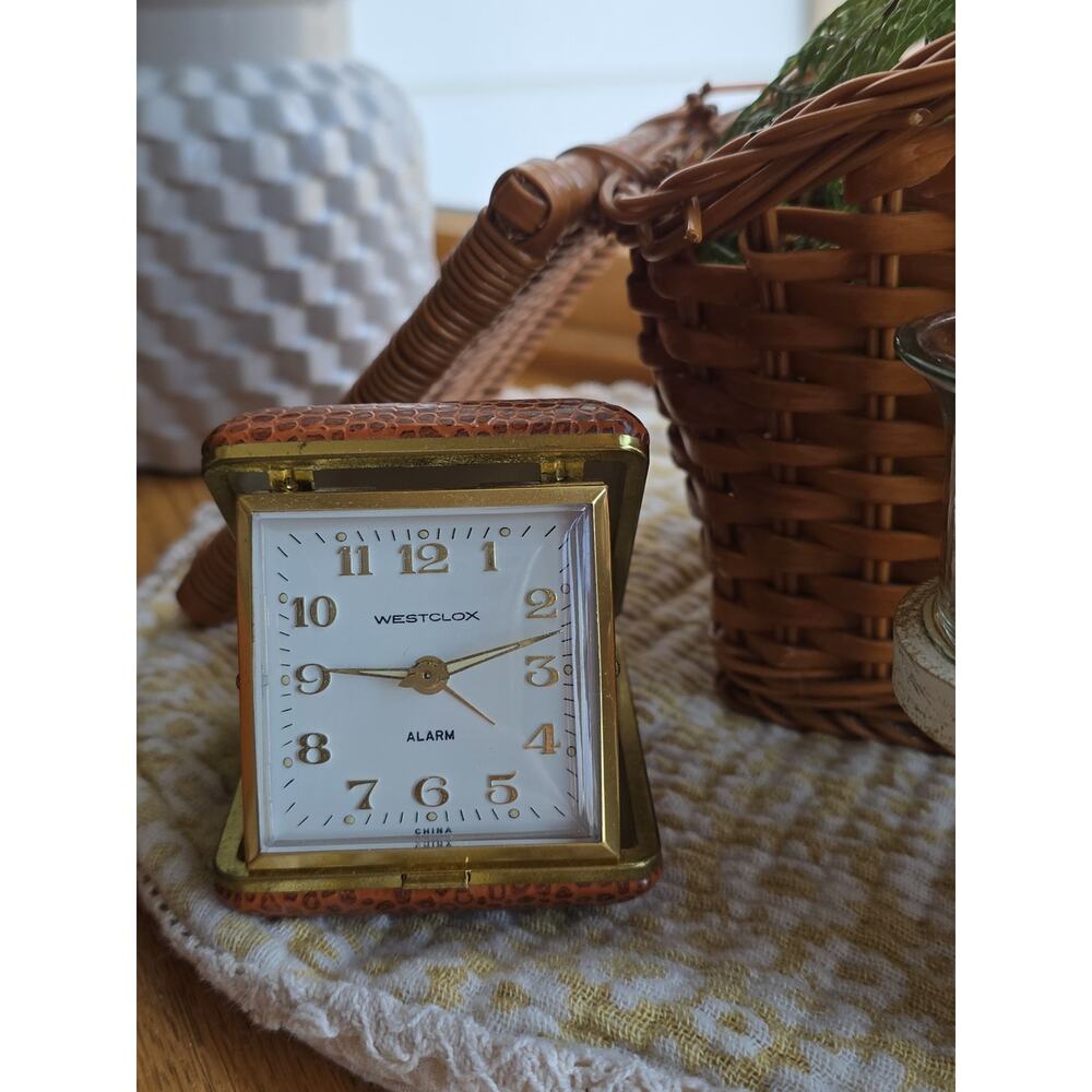Vintage Westclox Travel Alarm Clock Pebbled Tan Brown Faux Leather Cover EUC